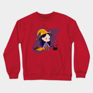 Kawaii Witch Flying in the moonlight With Her Black Cat and Cauldron Crewneck Sweatshirt